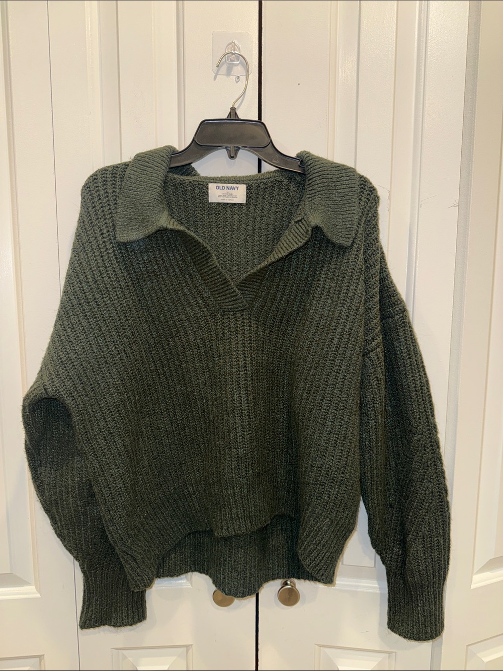 Old Navy Dark Olive Green V-Neck Collared Knit Sweater